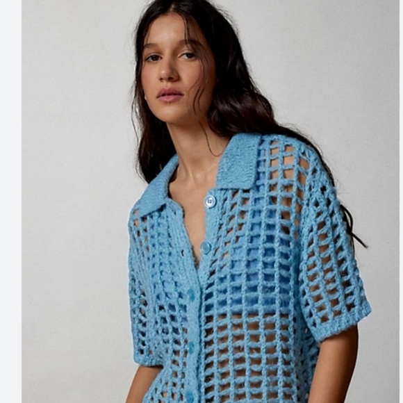 Urban Outfitters UO BDG blue Osaka Open Knit button down Polo Sweater size XS - Picture 3 of 17